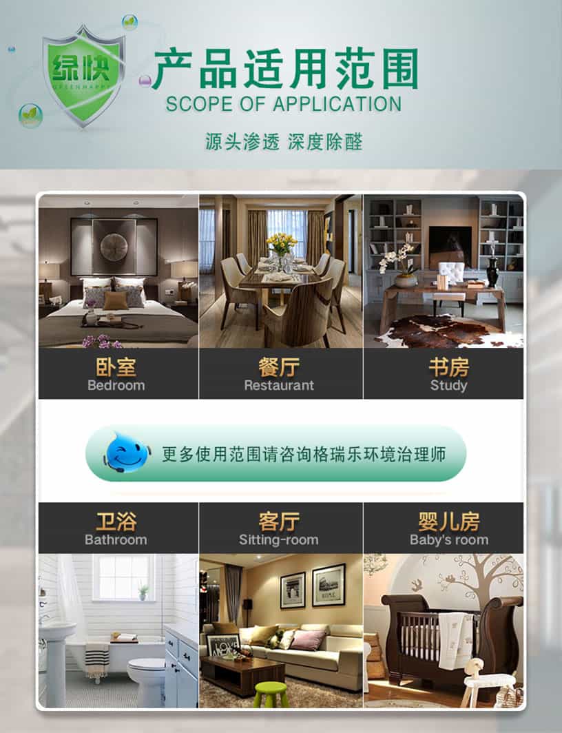 產(chǎn)品適用范圍，SCOPE OF APPLICATION,源頭滲透，深度除醛，臥室，Bedroom,餐廳，Restarant,書房，Study，衛(wèi)浴，Bathroom,客廳，Siting-room,嬰兒房，Baby' room,更多使用范圍請咨詢格瑞樂環(huán)境治理師