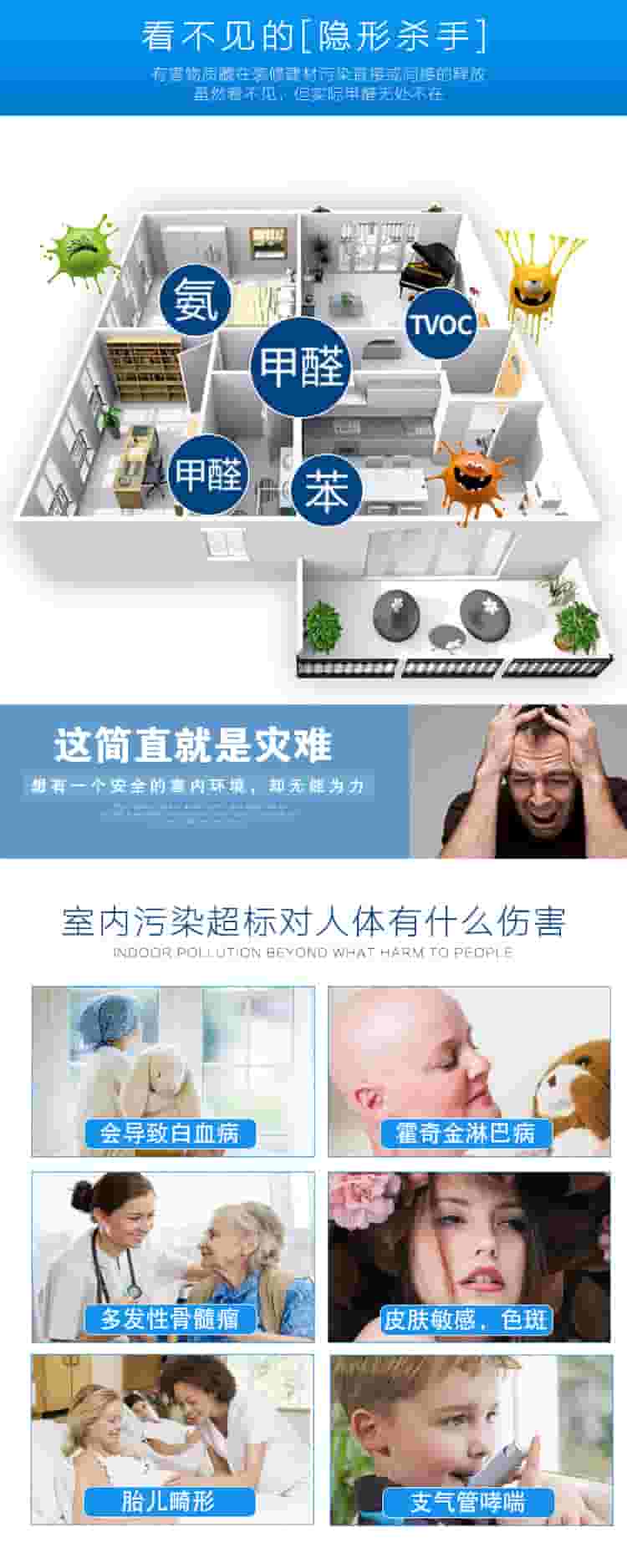 看不見的[隱形殺手]有害物質(zhì)在裝修建材污染直接或間接的釋放，雖然看不見，但實際甲醛無處不在，氨，甲醛，苯，TVOC，這簡直是災難，想有一個安全的室內(nèi)環(huán)境，卻無能為力，室內(nèi)污染超標對人體有什么傷害，會導致白血病，霍奇金淋巴病，多發(fā)性骨髓瘤，皮膚敏感，色斑，胎兒畸形，支氣管哮喘