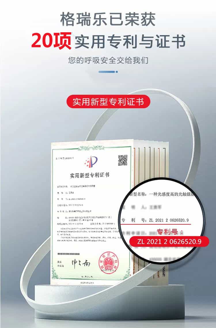 格瑞樂已榮獲20項實用專利與證書,實用新型專利證書,您的呼吸安全交給我們